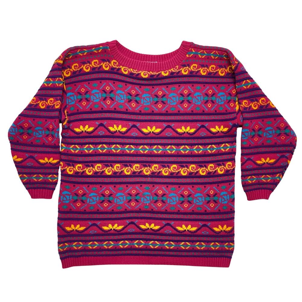 Vintage Pink Colorful Sweater 2XL Womens Fair Isle Geometric Knit Made in USA